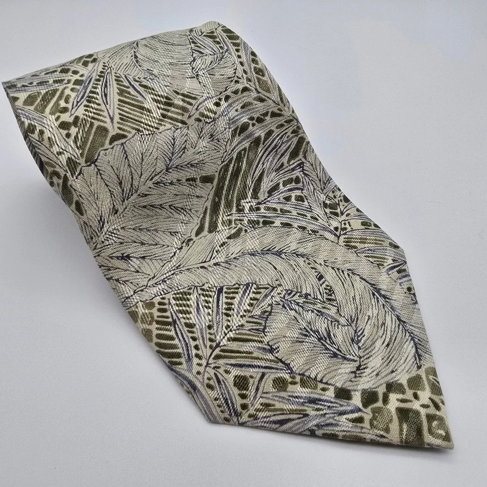 Tommy Bahama Mens Silk‎ Tie Tropical Leaf Geometric Olive Green Tan Hand Made